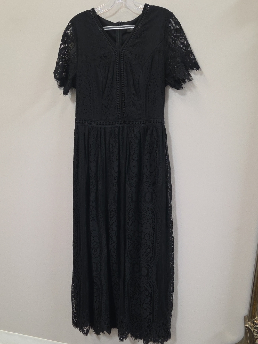 Black Lace Midi Dress with V-Neck